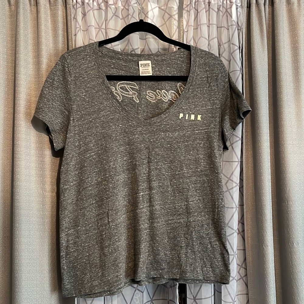 PINK V-Neck T-shirt size L silver sequins on back